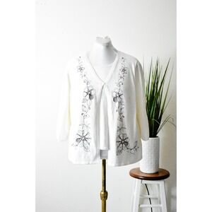 Koret Cardigan Twinset Women 1X Cream Y2K Floral Embroidered Beaded Sweater Set